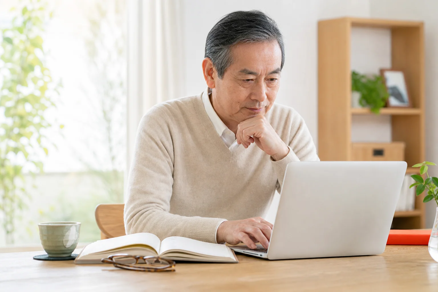 自宅でリゾートバイト派遣会社をじっくり比較検討する60代の様子