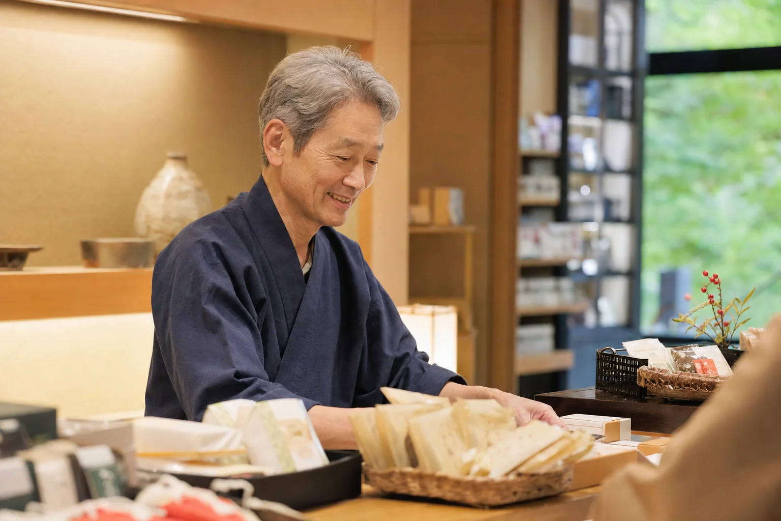 温泉旅館の売店で穏やかに接客する60代スタッフの様子