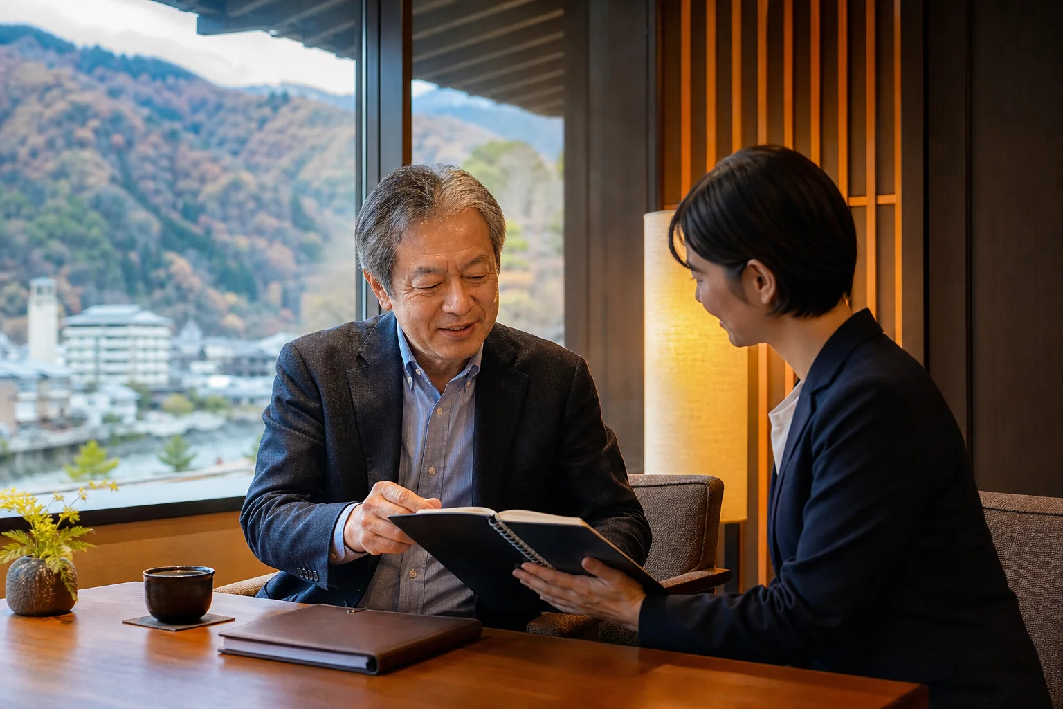 温泉旅館でコーディネーターに希望の職場条件を伝える60代の様子