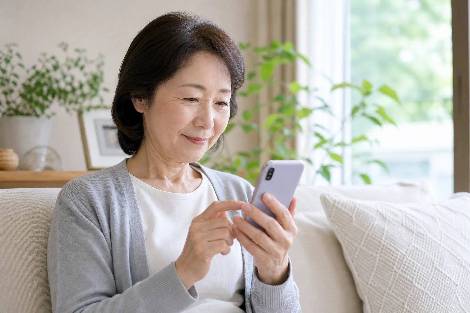 自宅のリビングでスマホのLINE画面を確認する60代の様子
