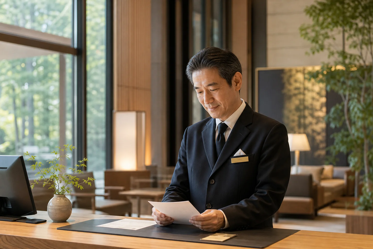 リゾートホテルのフロント近くで穏やかに業務をこなす50代スタッフ。自然光が差し込む明るいロビー