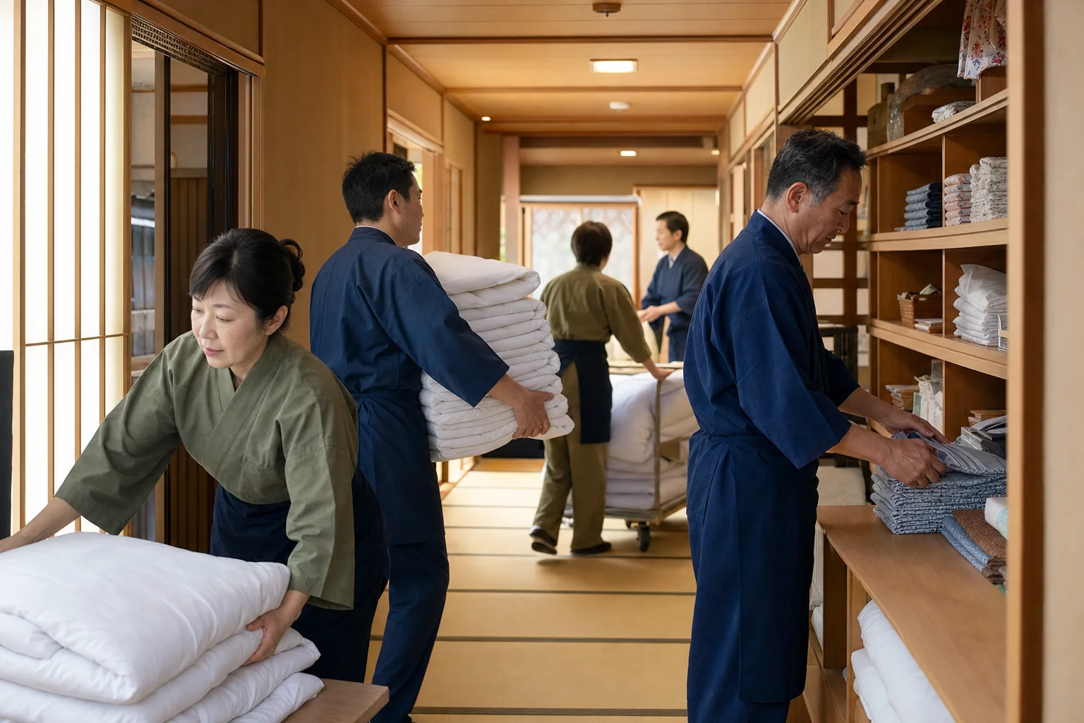 繁忙期前の旅館で準備をするスタッフの様子
