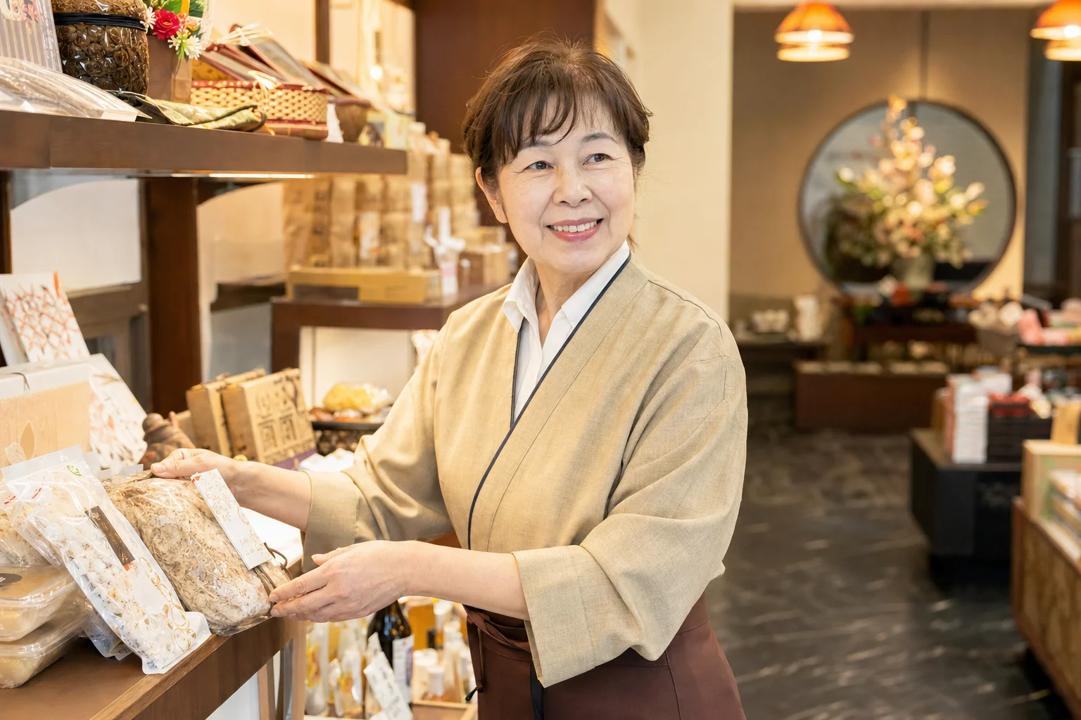 温泉地の売店で笑顔で働く60代スタッフ
