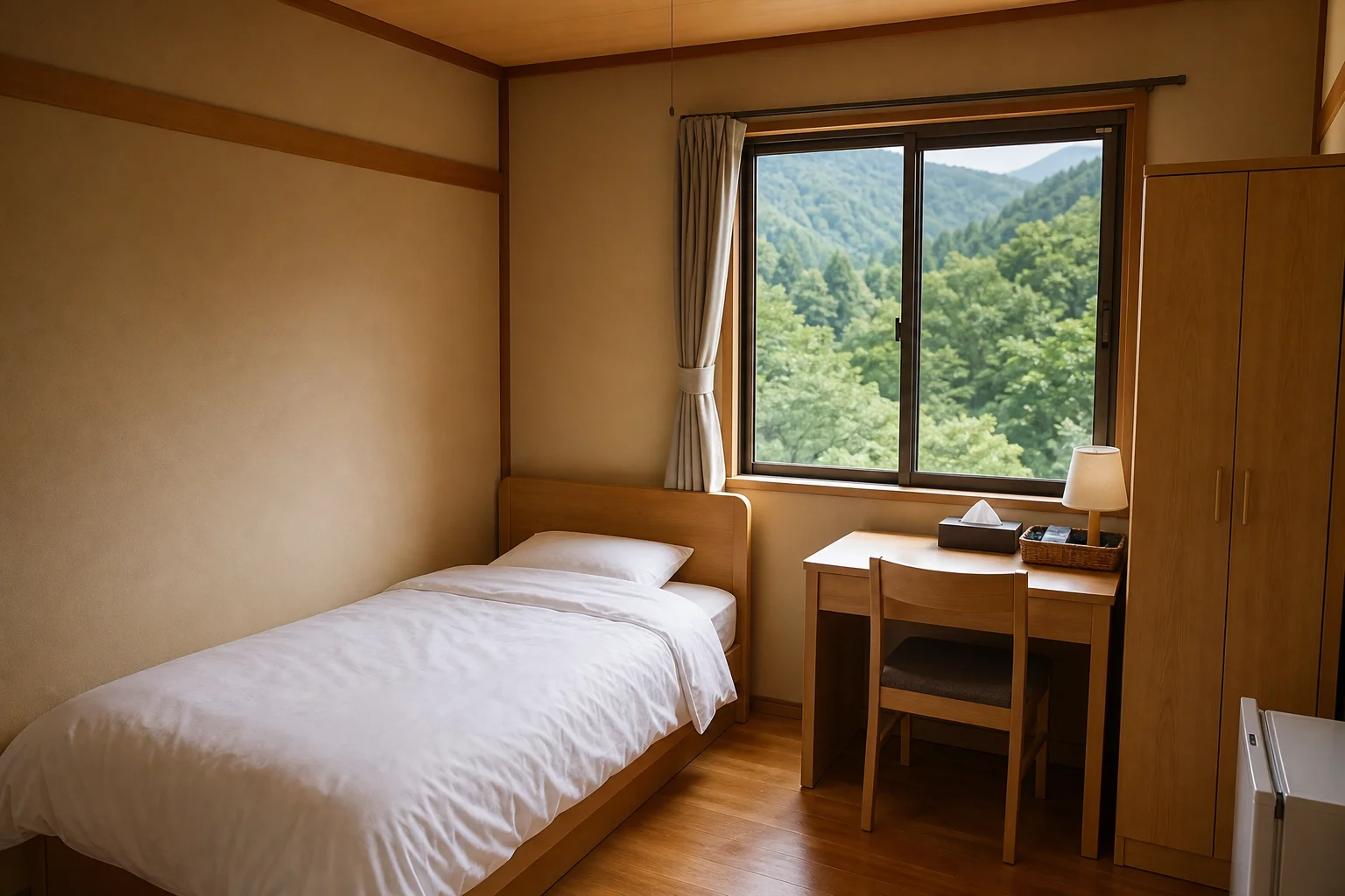 山間の旅館の従業員寮。清潔でシンプルな個室の内装、窓から緑が見える
