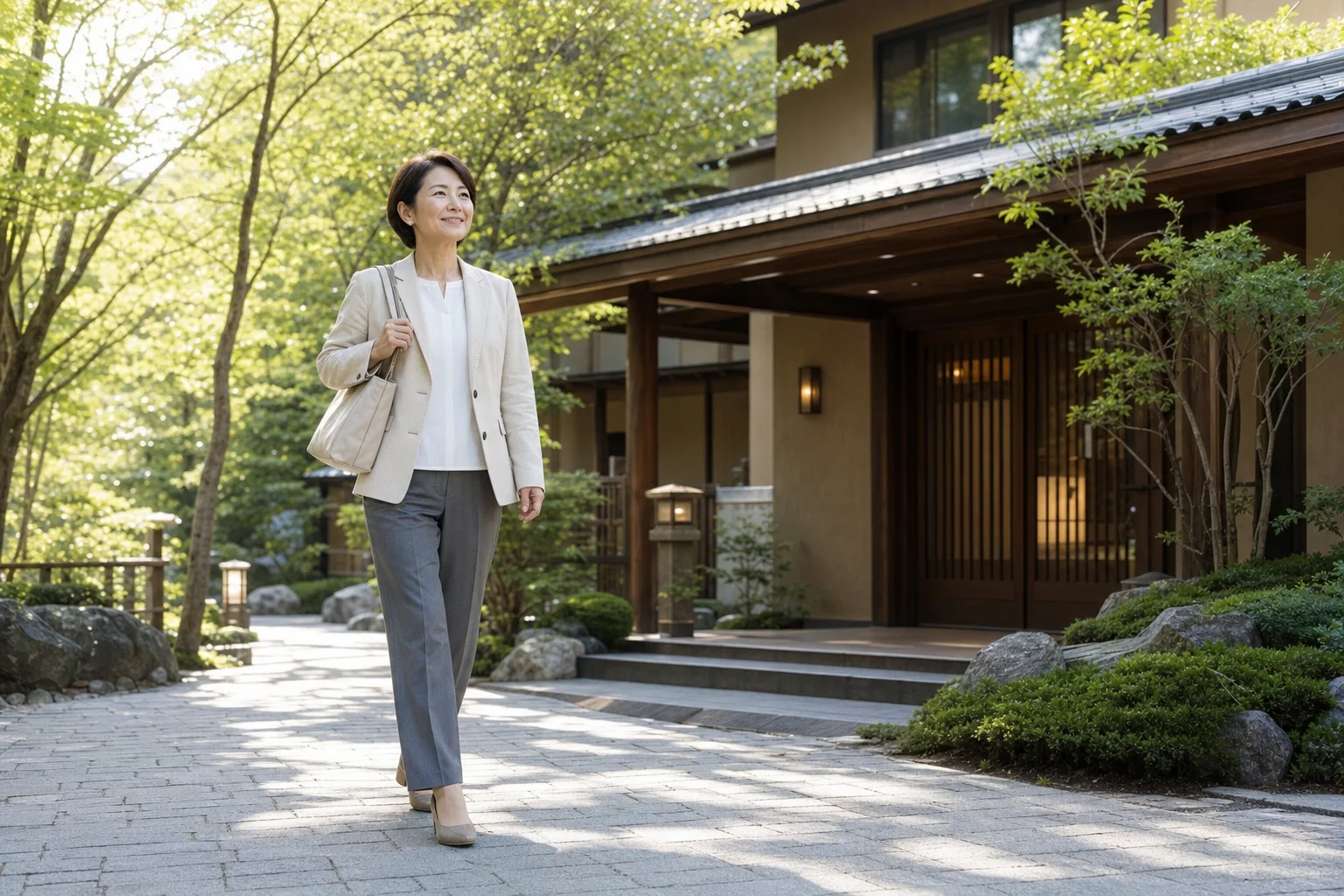 温泉地の旅館や宿泊施設の入口に向かって歩く50代の様子。穏やかな朝の風景