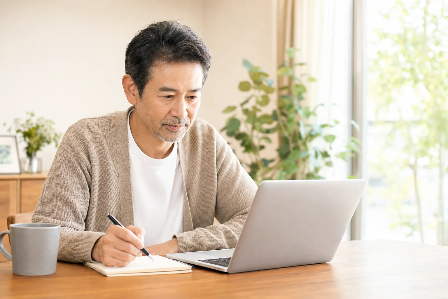 自宅でリゾートバイト求人をじっくり確認する50代の様子
