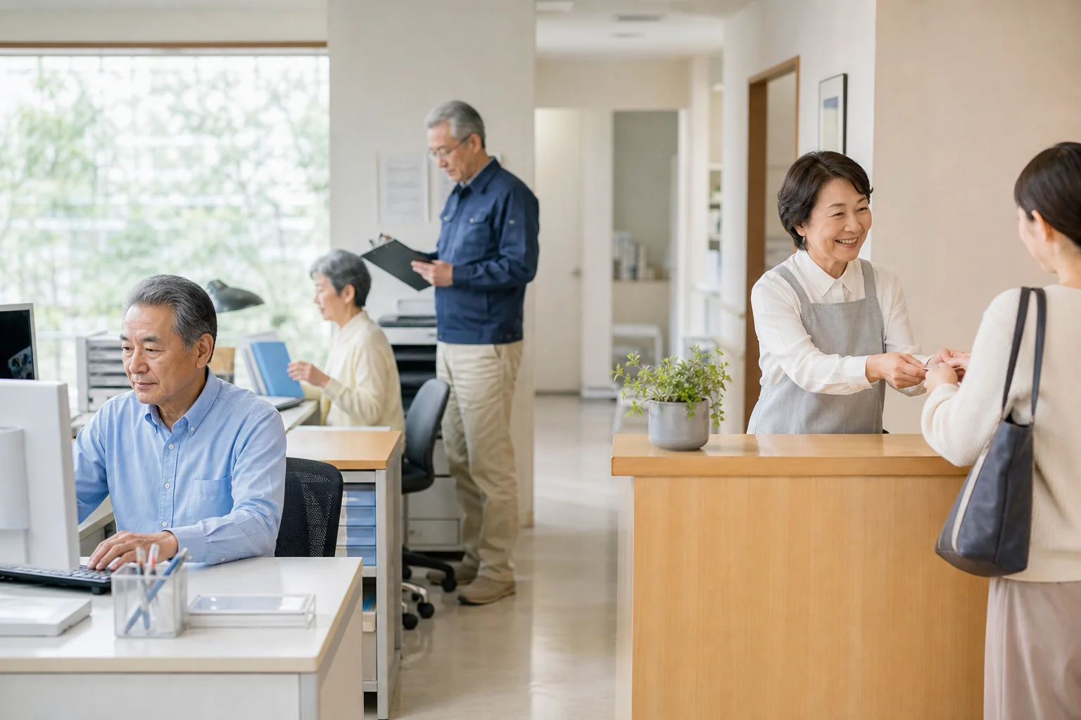 60代の様々な仕事の選択肢を示すイメージ。事務・接客・軽作業などが並ぶ穏やかな職場風景