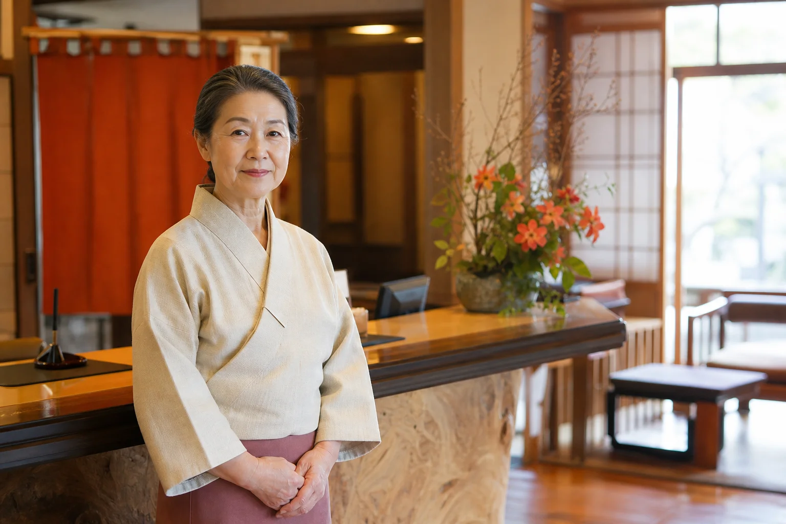 温泉旅館のフロント前で穏やかな表情をする60代スタッフの様子