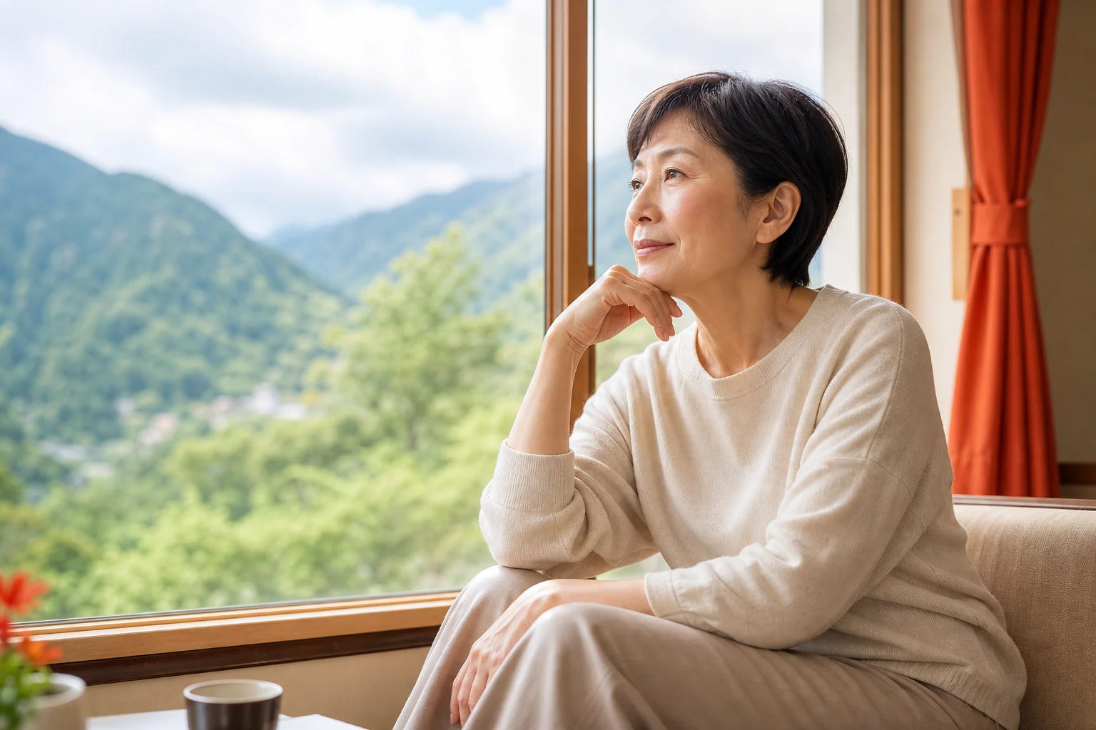 窓から山の景色を眺めながら少し考え込む60代の様子