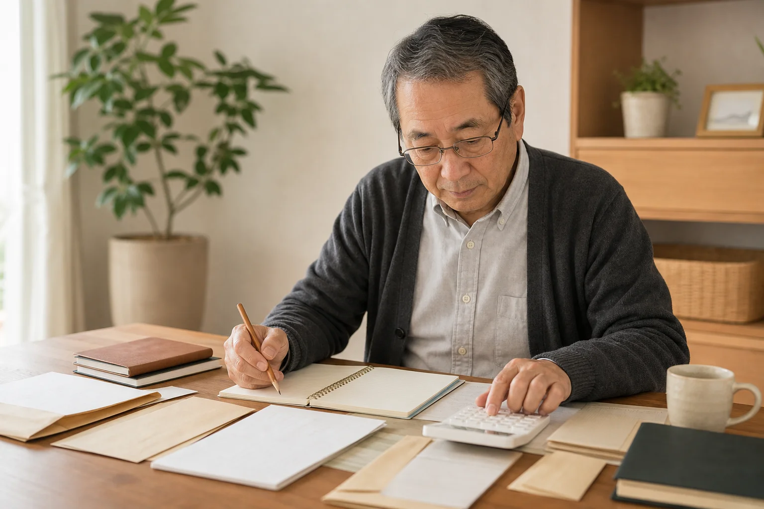 テーブルに年金通知書と手帳を広げて確認する65歳前後のシニアの様子