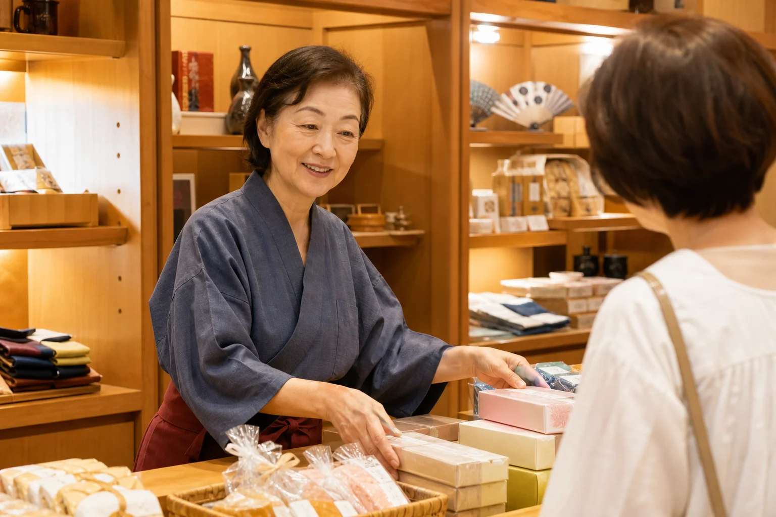 温泉旅館の売店で穏やかに接客する65歳前後のスタッフの様子