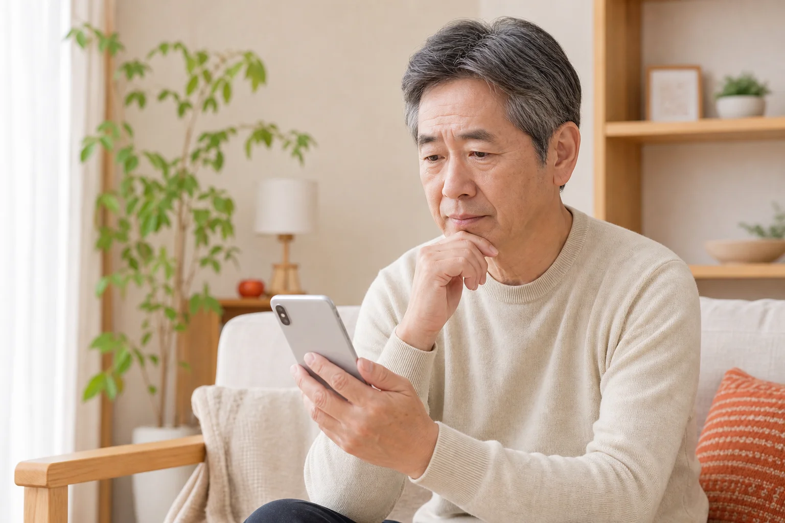 スマホの検索結果を見て少し不安そうにする60代の様子