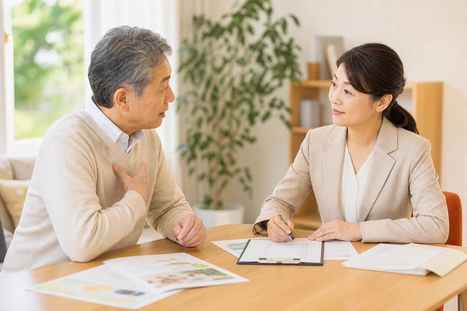 担当者に体力や健康の不安を遠慮なく相談する60代の様子