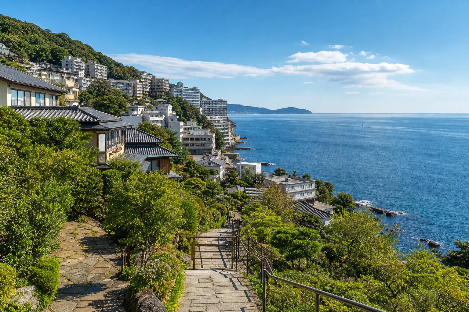 熱海の温泉旅館が立ち並ぶ街と相模湾を見渡す風景。首都圏から近い通年型温泉地として安定した求人がある