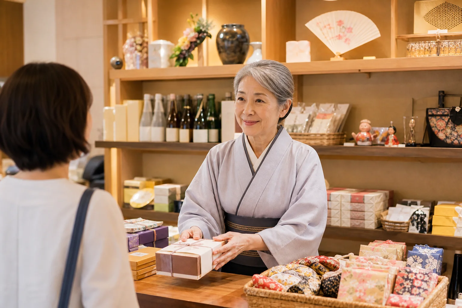 温泉旅館の売店カウンターでお土産を案内するシニアスタッフ。屋内の落ち着いた環境での接客の様子