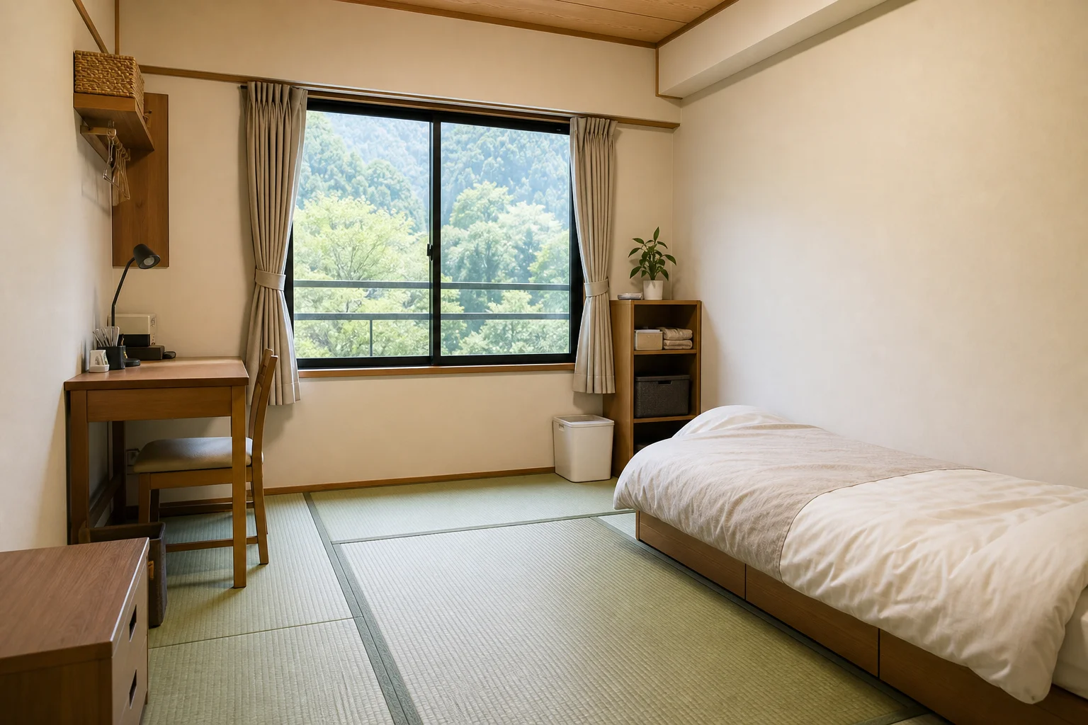 温泉旅館の従業員個室寮のイメージ。清潔感のある和室と窓から見える緑の景色