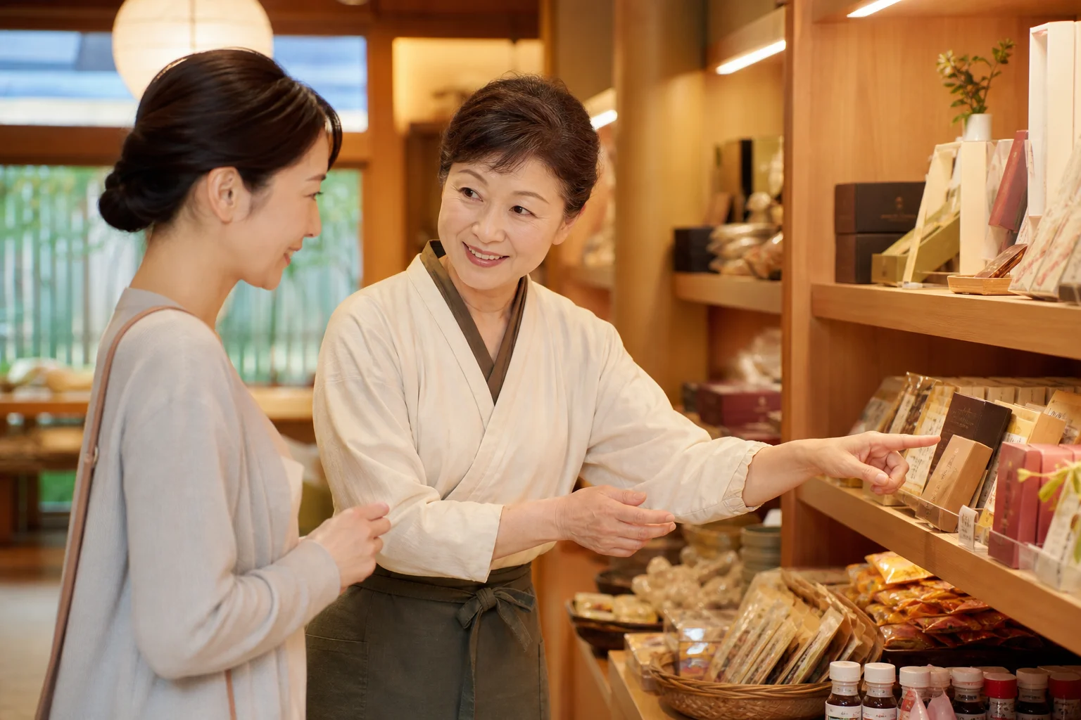 お土産の説明をしながら笑顔で接客するシニアスタッフと、うなずくお客さまの様子。温かみのある売店の場面