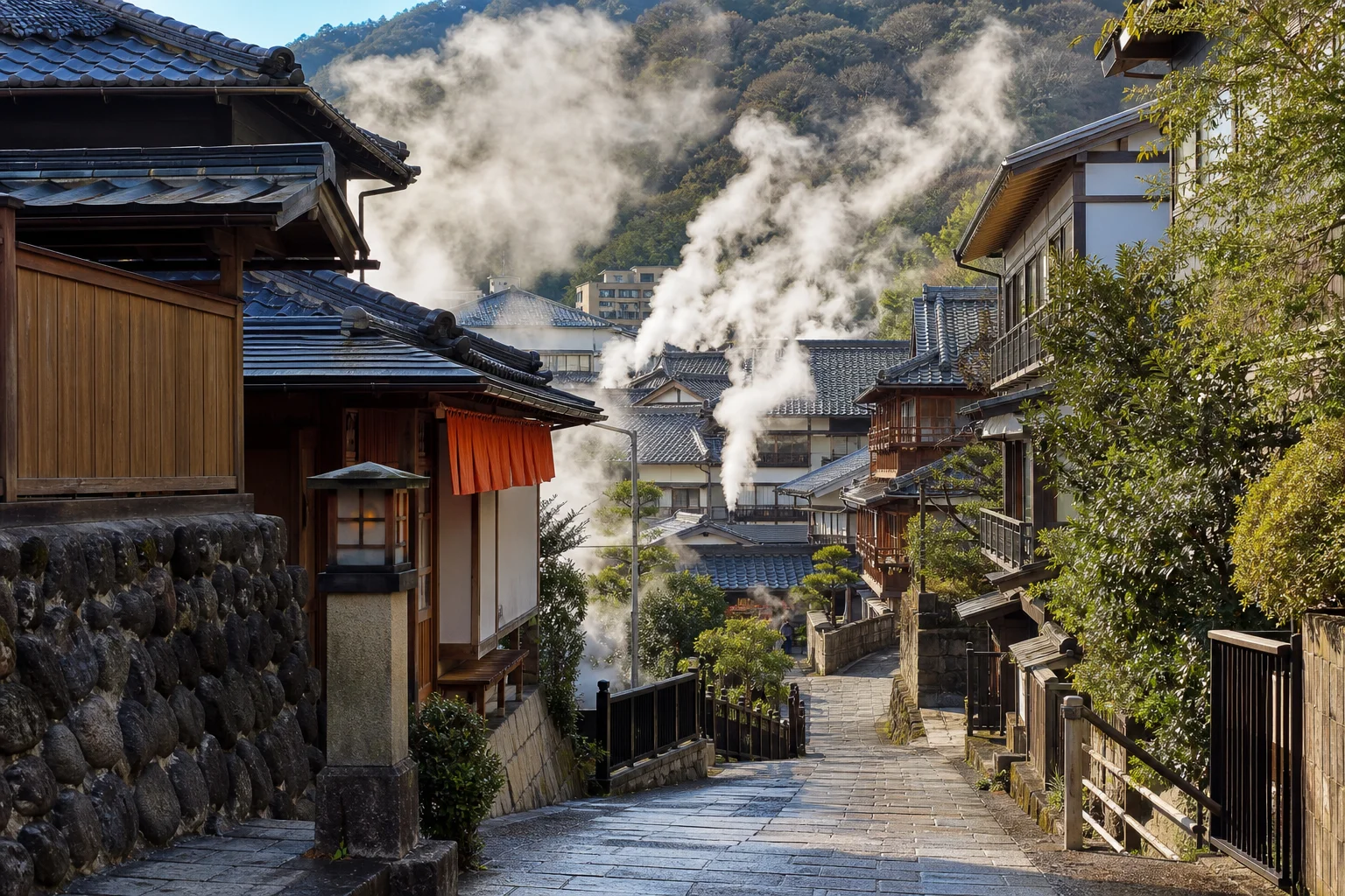 別府の温泉街。湯けむりが立ち上る温泉地に旅館・ホテルが立ち並ぶ風景