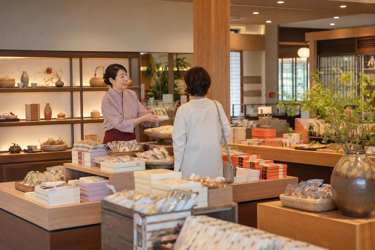 温泉旅館の売店で来客に土産物を案内するシニアスタッフのイメージ