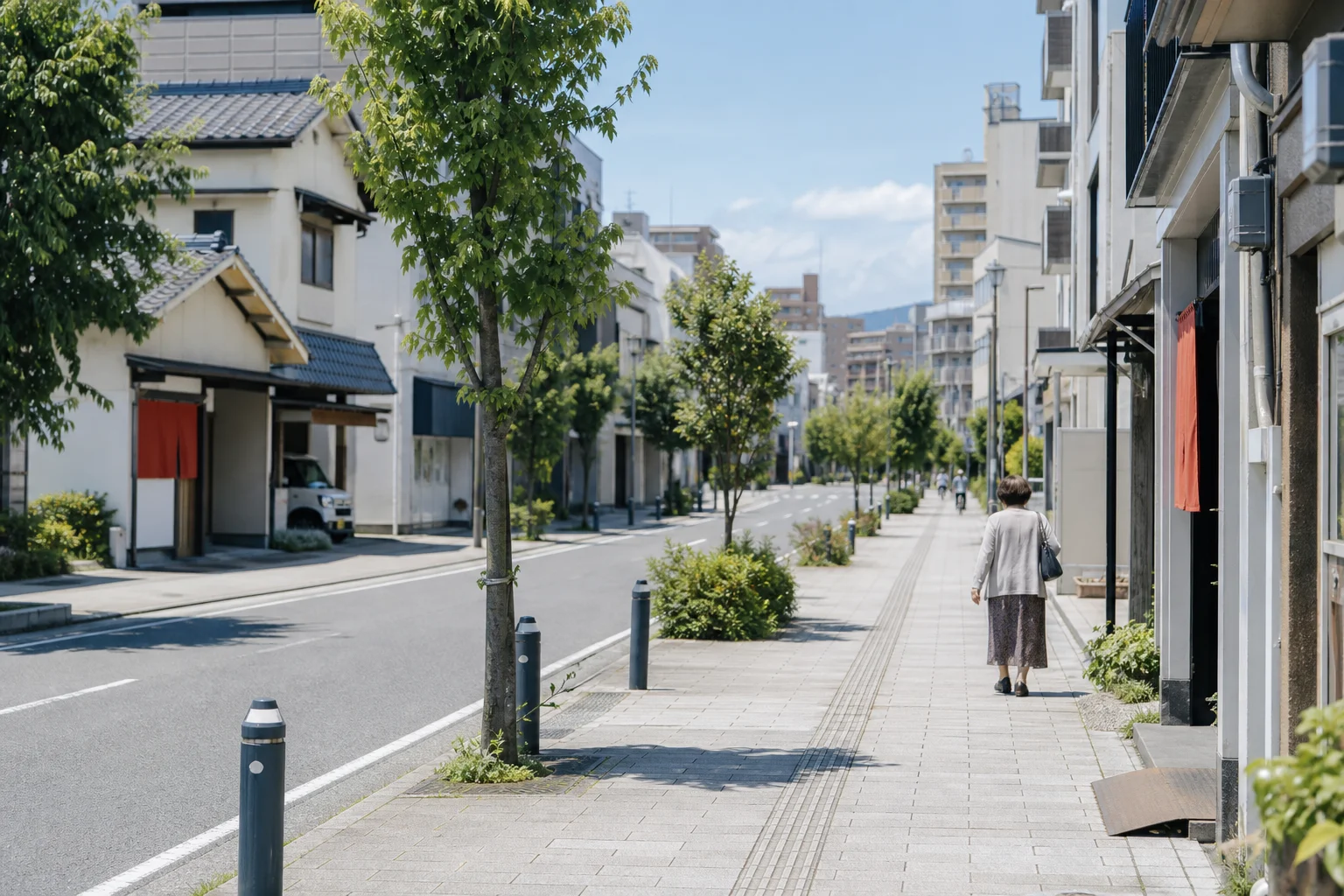 別府市街地の通りと温泉旅館が共存する落ち着いた街並みのイメージ