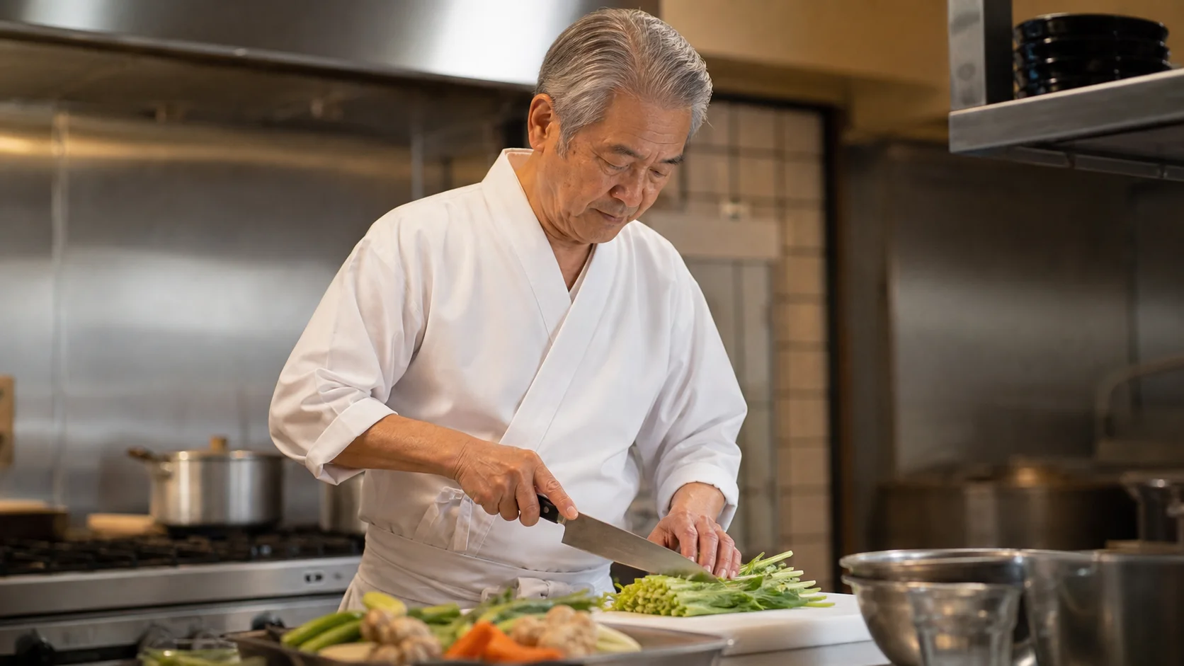 旅館の厨房で仕込み作業をしているシニアスタッフの落ち着いた様子