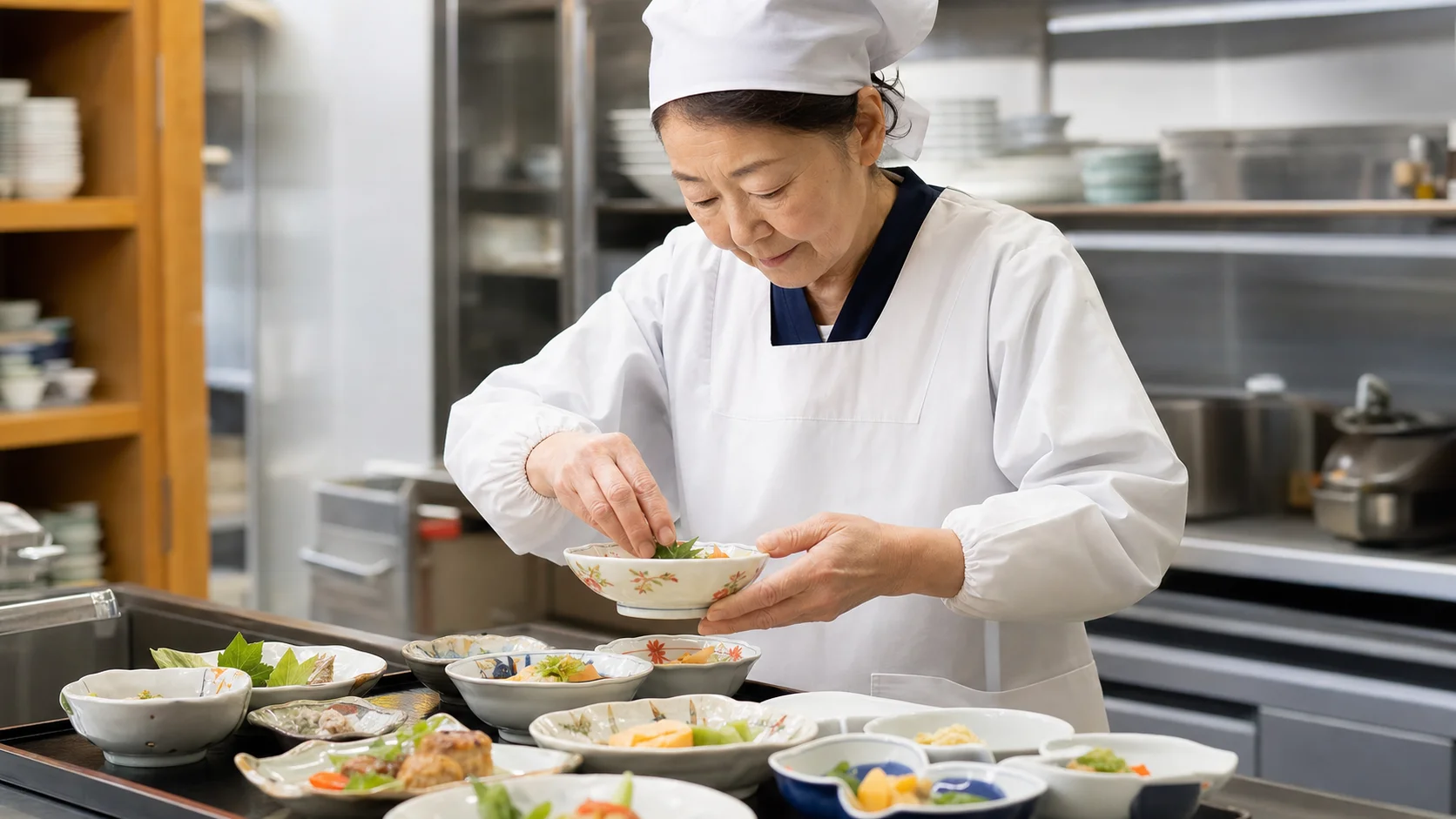 旅館の厨房で器に丁寧に料理を盛り付けているシニアスタッフの様子