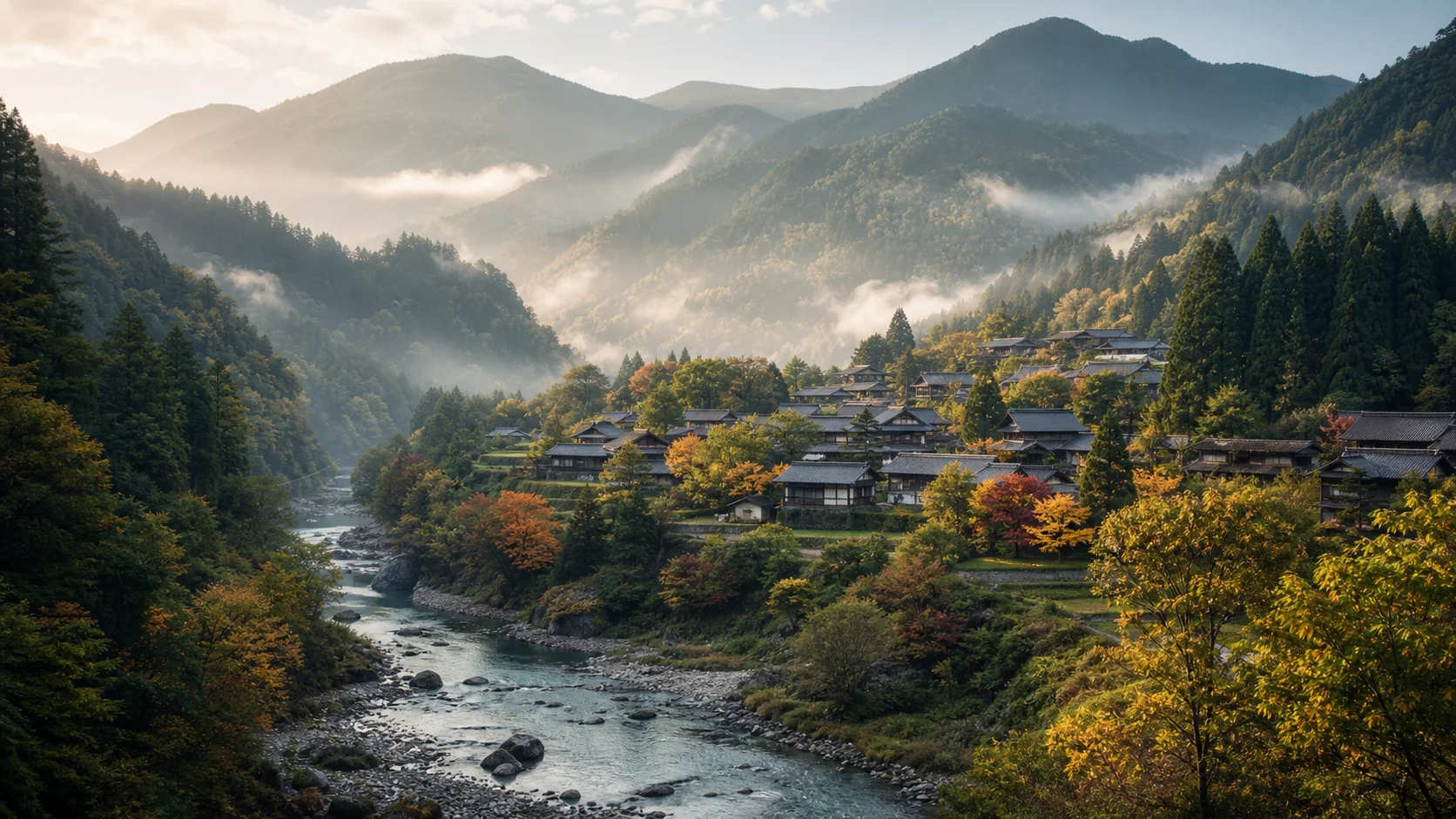 山あいの小さな集落と紅葉が始まった森が広がる穏やかな日本の自然風景。次の勤務地を想像させる落ち着いた眺め