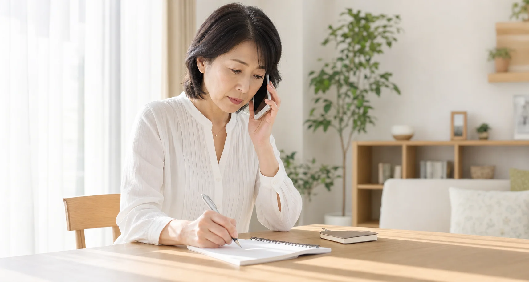ノートにメモを取りながらコーディネーターと電話で求人の詳細を確認しているシニアの様子