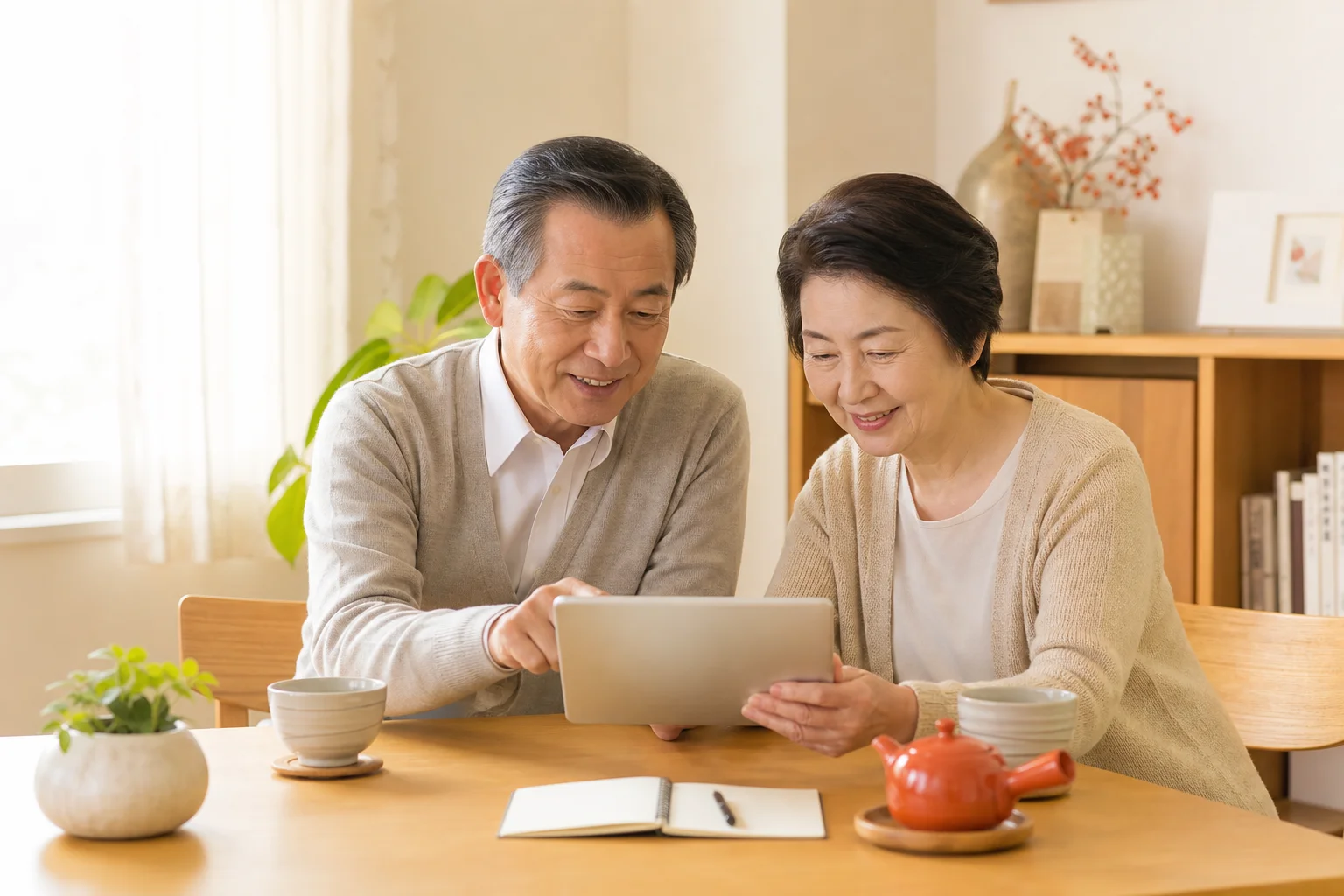 リゾートバイトの求人サイトを夫婦でいっしょに確認している60代の様子