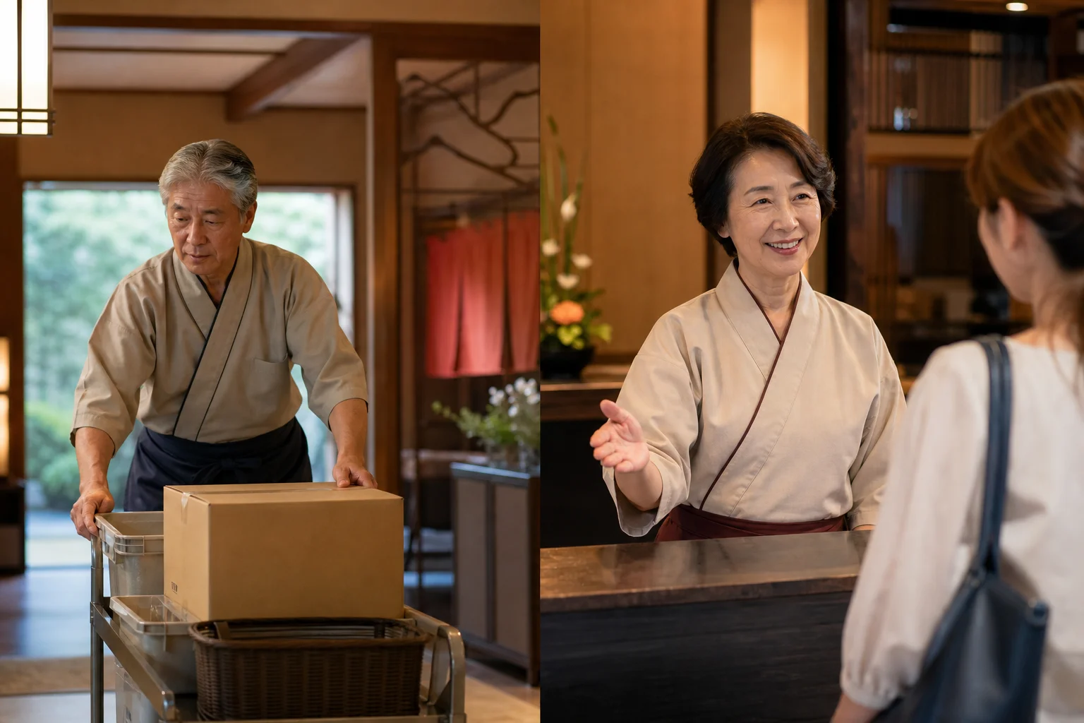 温泉旅館の裏方で作業する60代男性と、フロント受付に立つ60代女性のイメージ