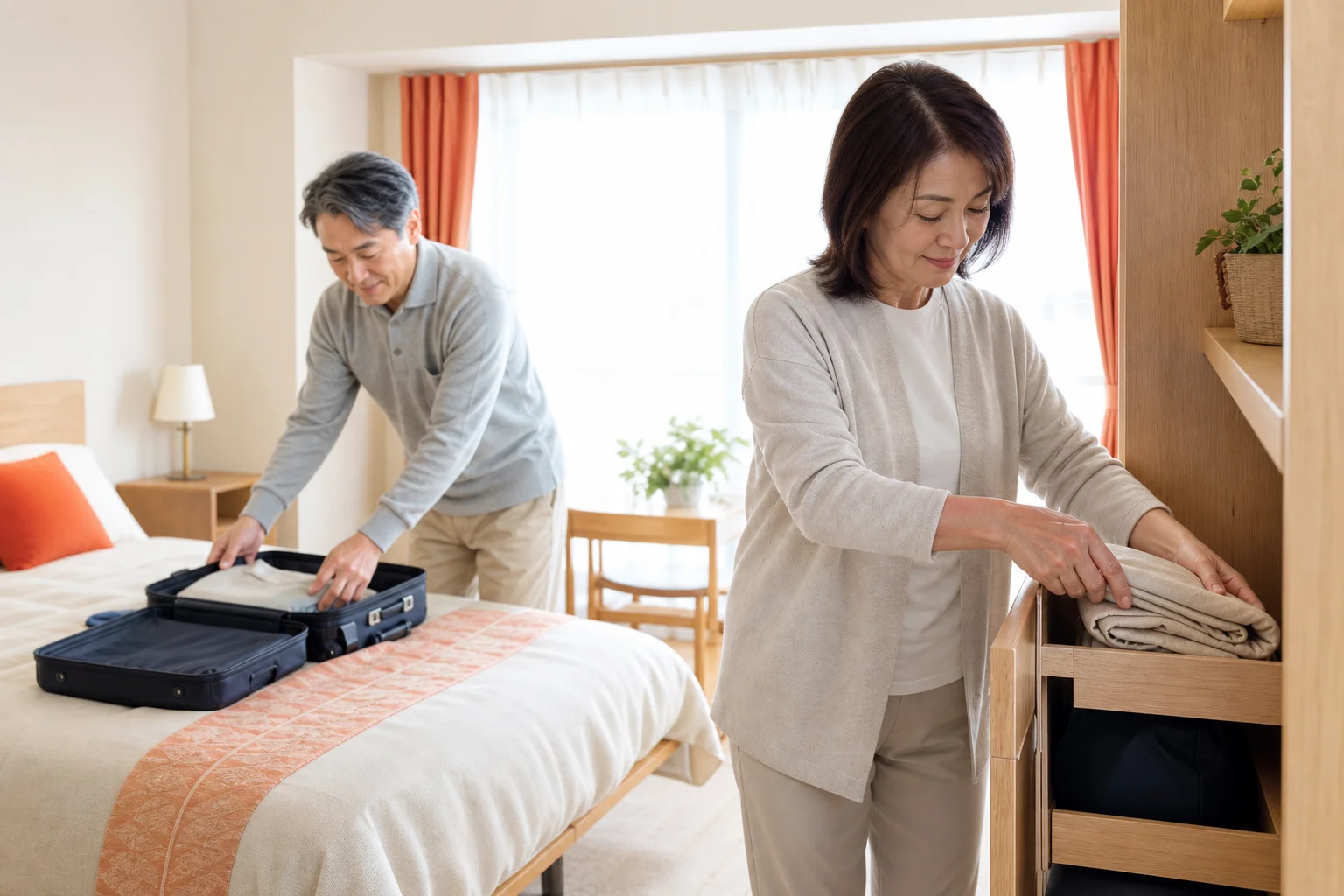 清潔感のある宿の部屋で荷物を整理している60代夫婦の様子