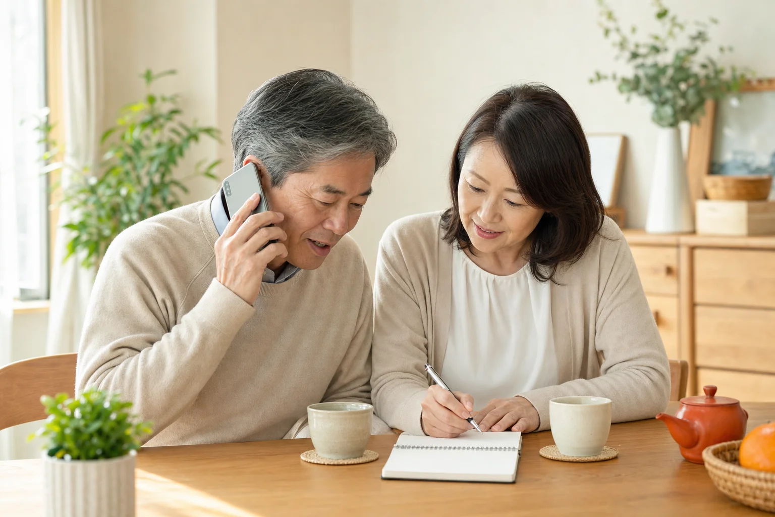 コーディネーターに夫婦の希望を丁寧に相談している60代夫婦の様子