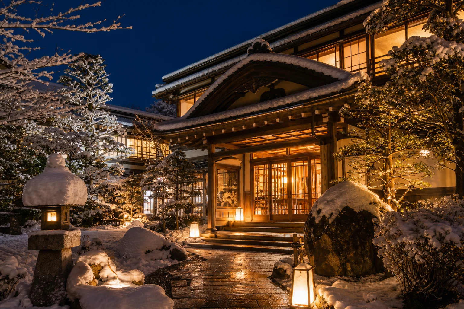 雪景色の温泉旅館の外観。暖かな灯りが窓から漏れる冬の夜の旅館の様子