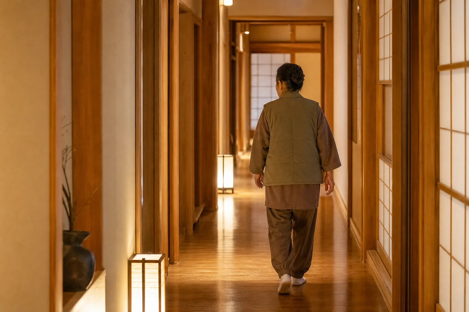 温泉旅館の廊下を歩くシニアスタッフ。防寒着を着用し安定した歩行の様子
