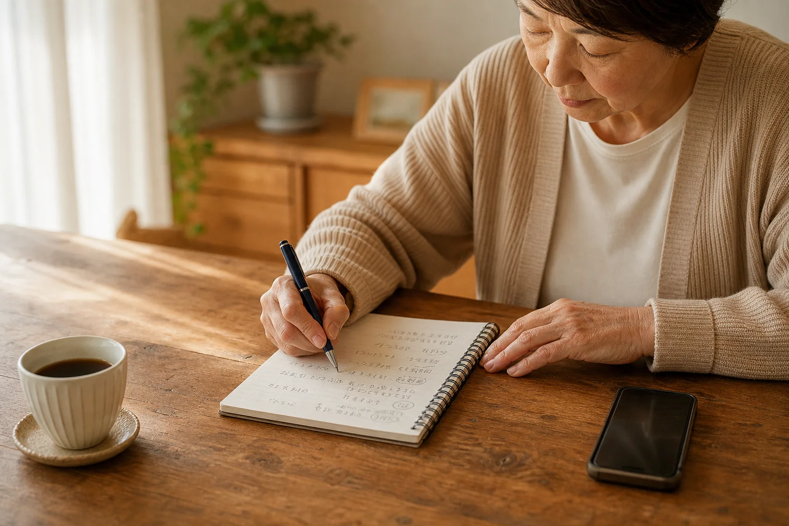 メモ帳に確認事項を書き出しながらリゾートバイトを検討する60代の様子