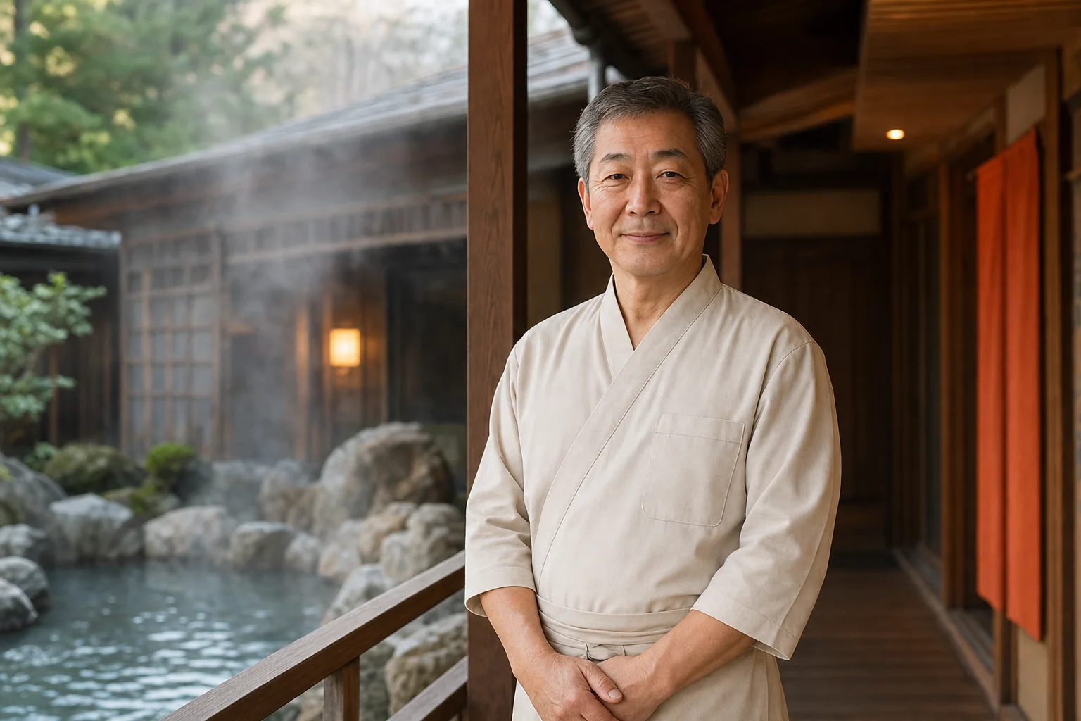 温泉旅館の露天風呂を背景に穏やかな表情で立つ60代スタッフ