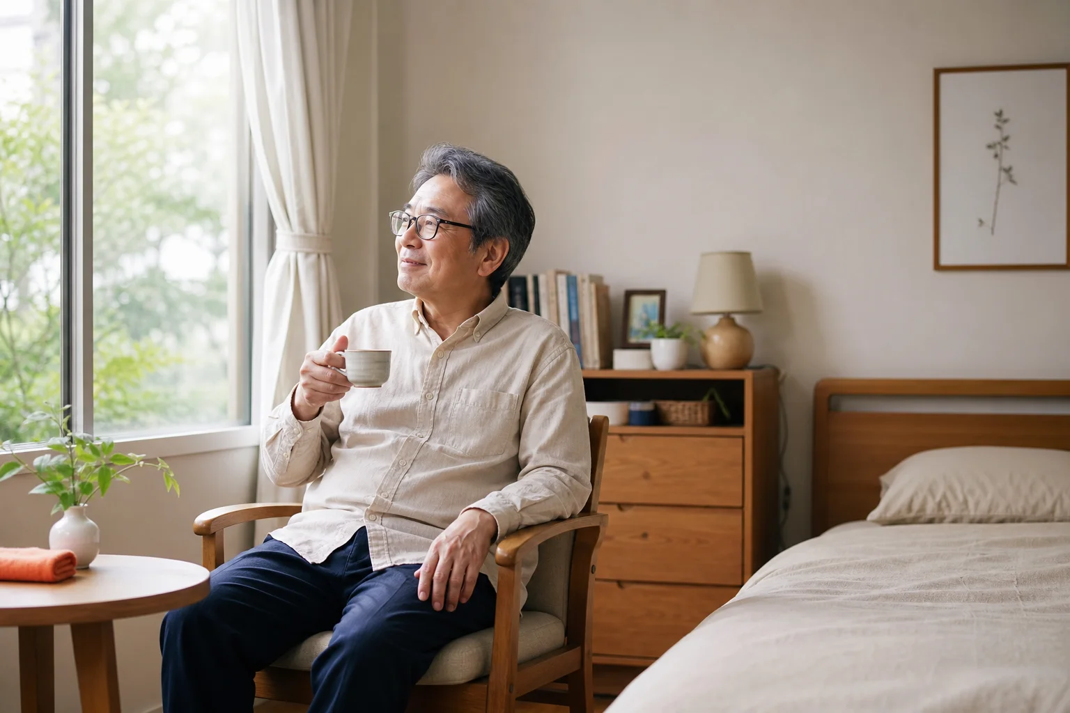 清潔な個室寮でくつろぐ60代の様子