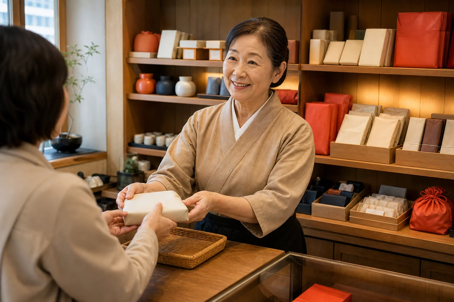 温泉地の売店で接客しながら笑顔で働く60代後半の女性スタッフ