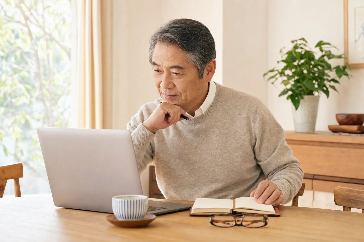 自宅でリゾートバイト派遣会社をじっくり比較検討する60代の様子