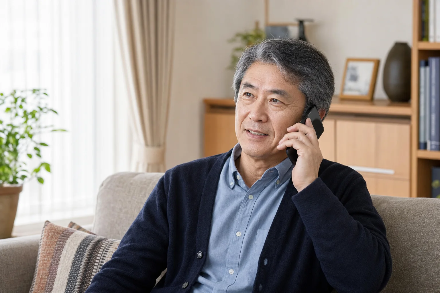 自宅でスマートフォンを持ち落ち着いた表情で電話面談する60代の様子