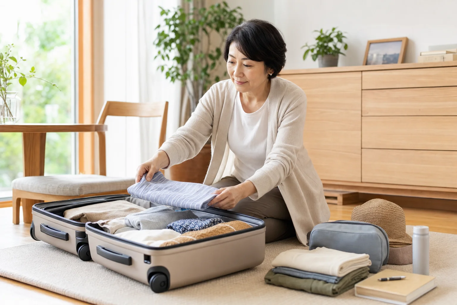 明るい部屋でスーツケースに荷物を丁寧に整理する60代の様子