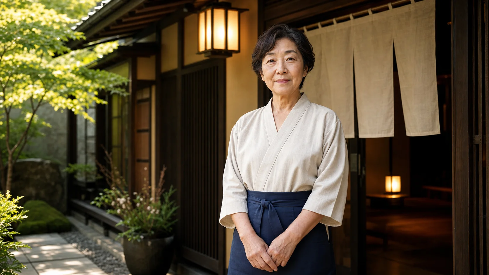 温泉旅館の玄関前で出勤前に穏やかな表情で立つ60代のスタッフ