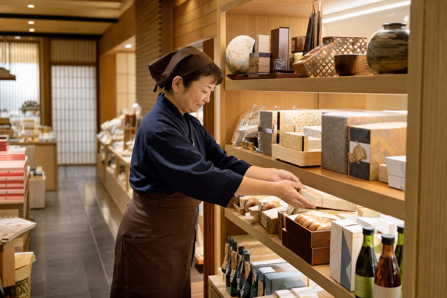 箱根の温泉旅館の売店で商品を陳列するシニアスタッフ。和風インテリアの静かな売場