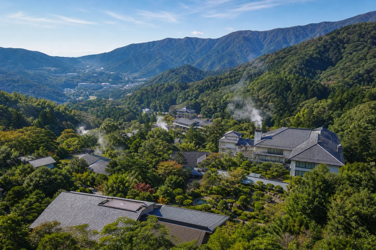 箱根の山間に点在する温泉旅館を俯瞰した風景。緑に囲まれた静かな環境