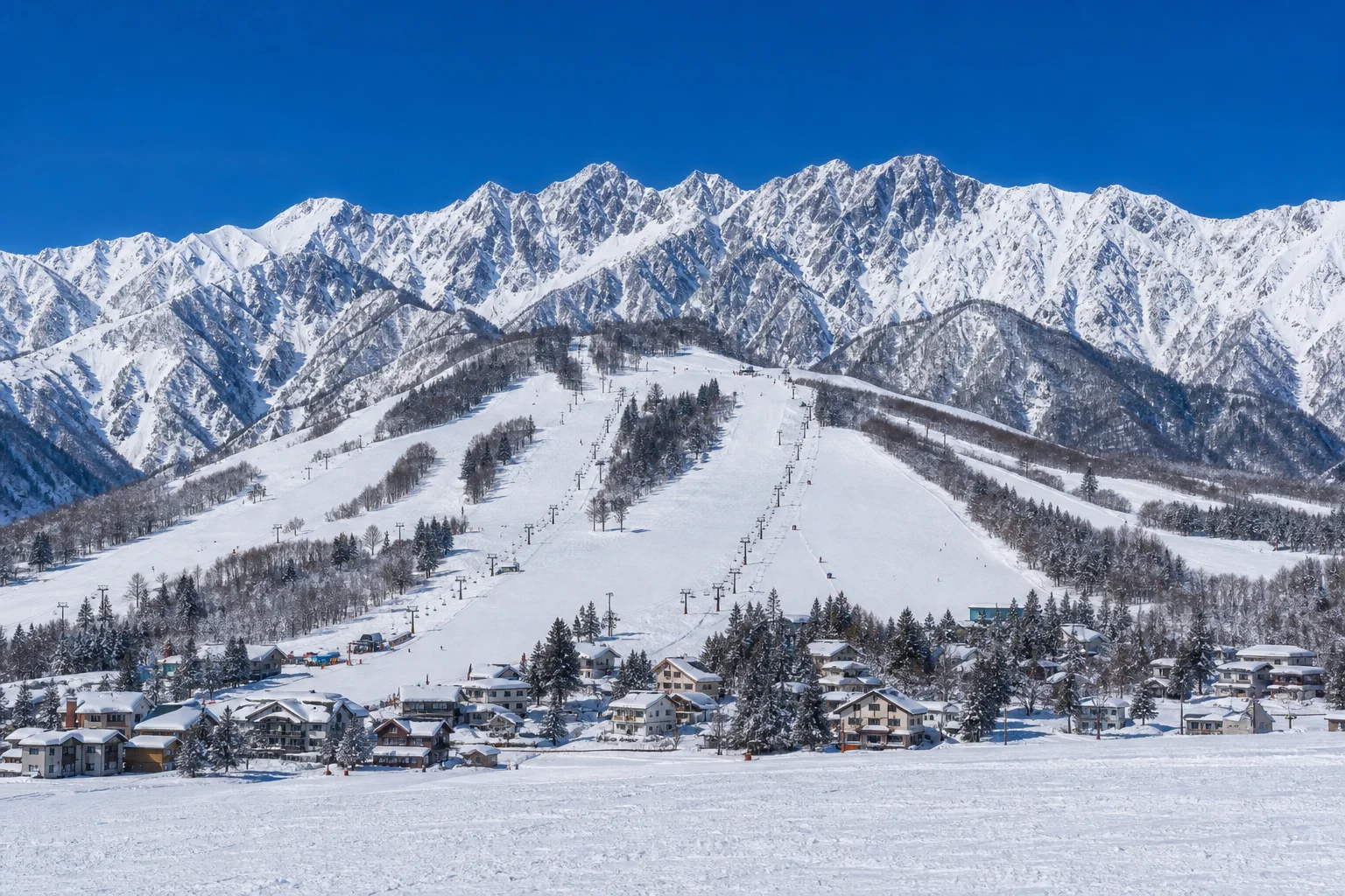 白馬村のスキーゲレンデ全景。北アルプスの峰々を背景に広がる広大なゲレンデと宿泊施設群の冬景色