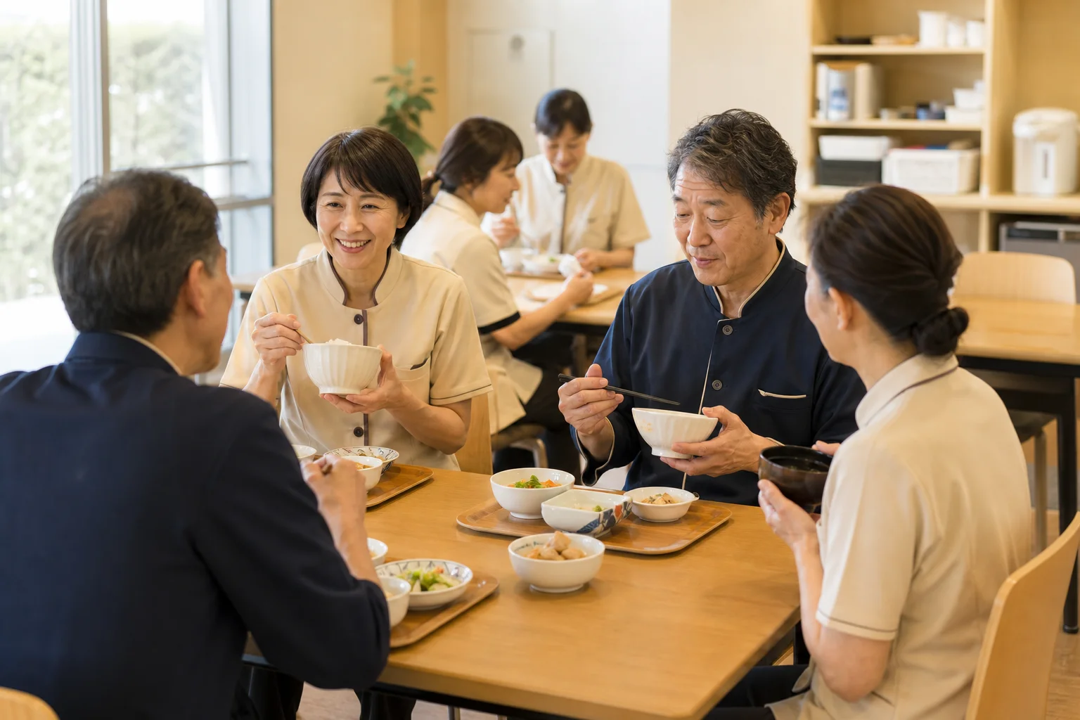 リゾートホテルのスタッフ食堂で50〜60代のスタッフが自然に食事をしている様子
