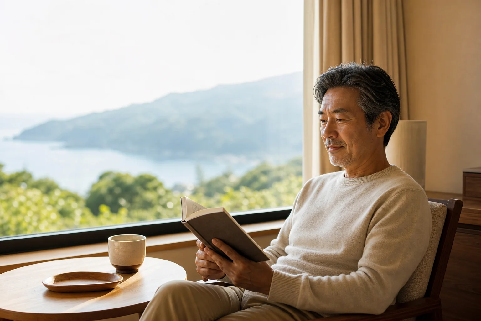 個室の窓際に座って静かに本を読んでいる50代男性