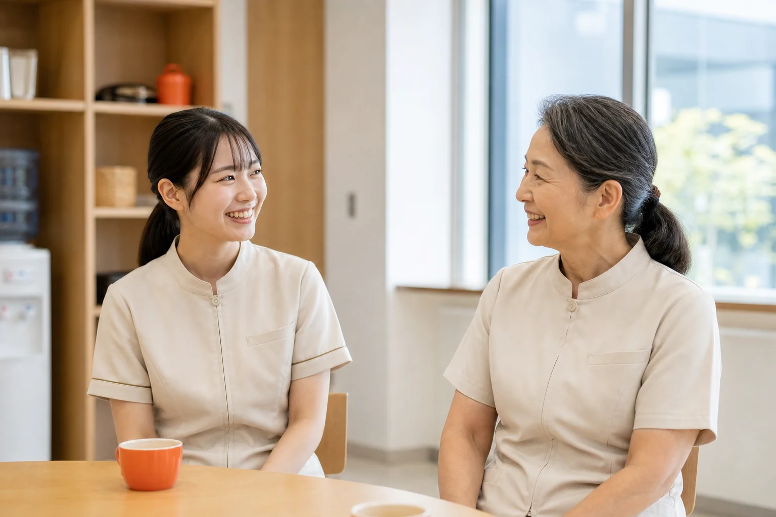 職場の休憩室で20代と60代のスタッフが笑顔で話している様子