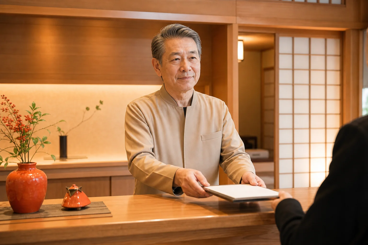 温泉施設の受付カウンターで落ち着いた接客をする60代男性スタッフ