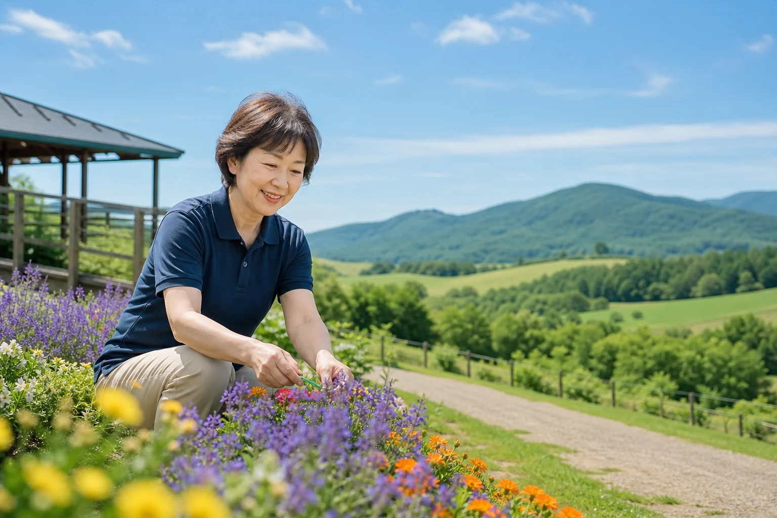 夏の北海道・広大な高原と青空のもとで穏やかに作業するシニアスタッフの様子